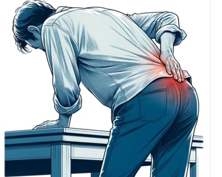 En man som står vid skrivbord med ont i ryggen