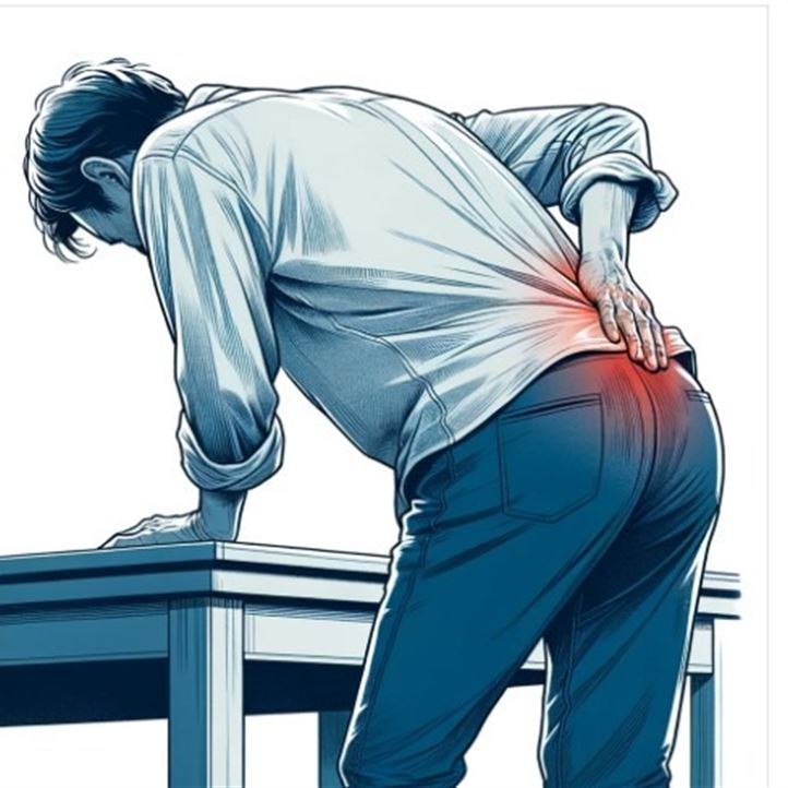 En man som står vid skrivbord med ont i ryggen